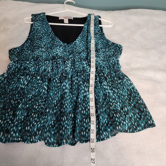 Forever 21 Green Teal Abstract Watercolor Ruffle V-Neck Sleeveless Top sz L - Picture 7 of 7